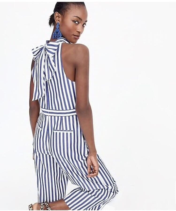 J.Crew Striped Tie-Halter Wide-Leg Jumpsuit Pocket Cotton Blue White Women's 8 - Thumbnail 9