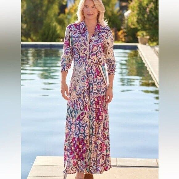 Soft Surroundings Palermo Soho Maxi Shirt Dress Long Sleeve Festoon Fuchsia XS - Thumbnail 4