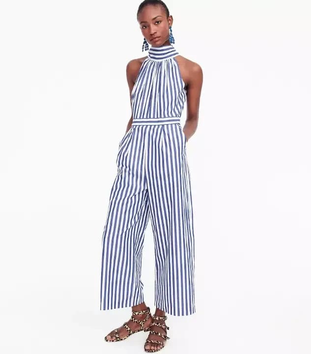 J.Crew Striped Tie-Halter Wide-Leg Jumpsuit Pocket Cotton Blue White Women's 8 - Thumbnail 5
