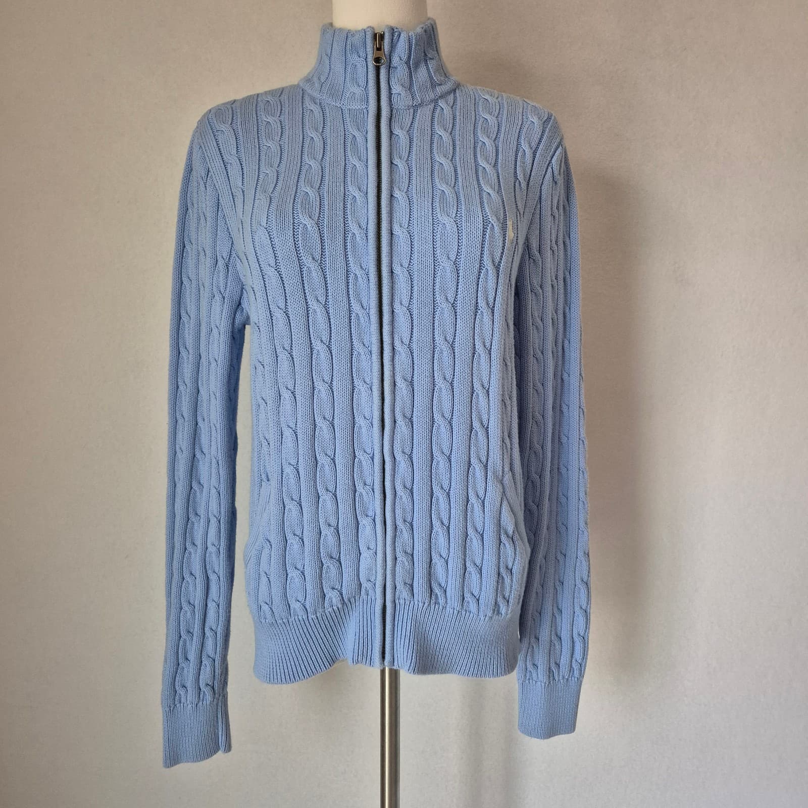 Vintage Y2K Ralph Lauren Sport Cotton Cable Knit Cardigan Pocket Blue Women's XL - Thumbnail 5