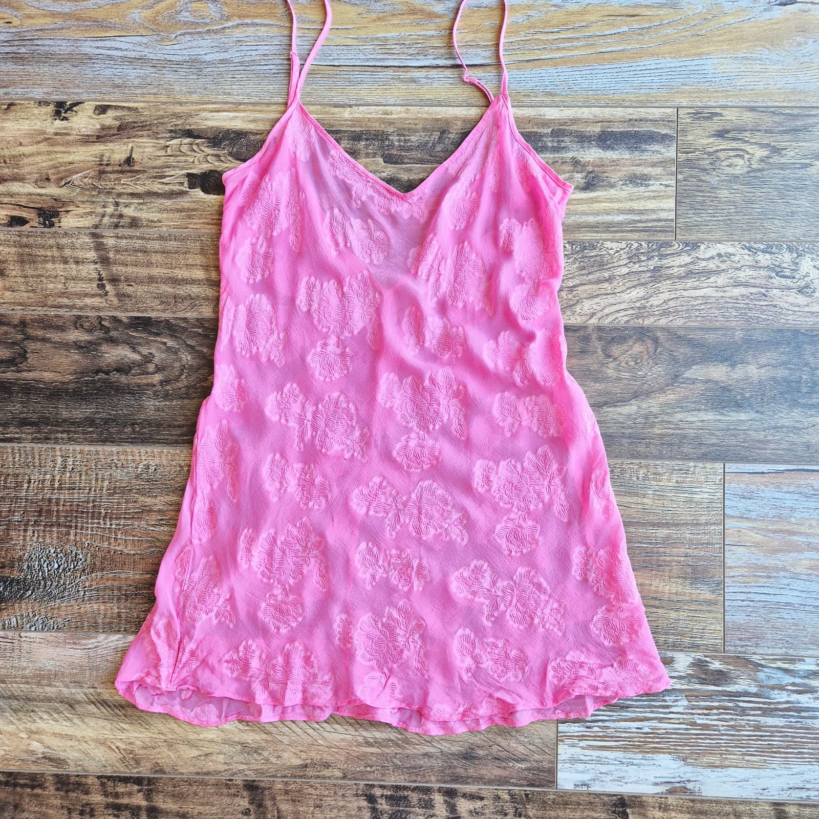 PajamaGram Silk Blend Pink Floral Textured Sheer Mini Chemise Slip Night Gown S - Thumbnail 5