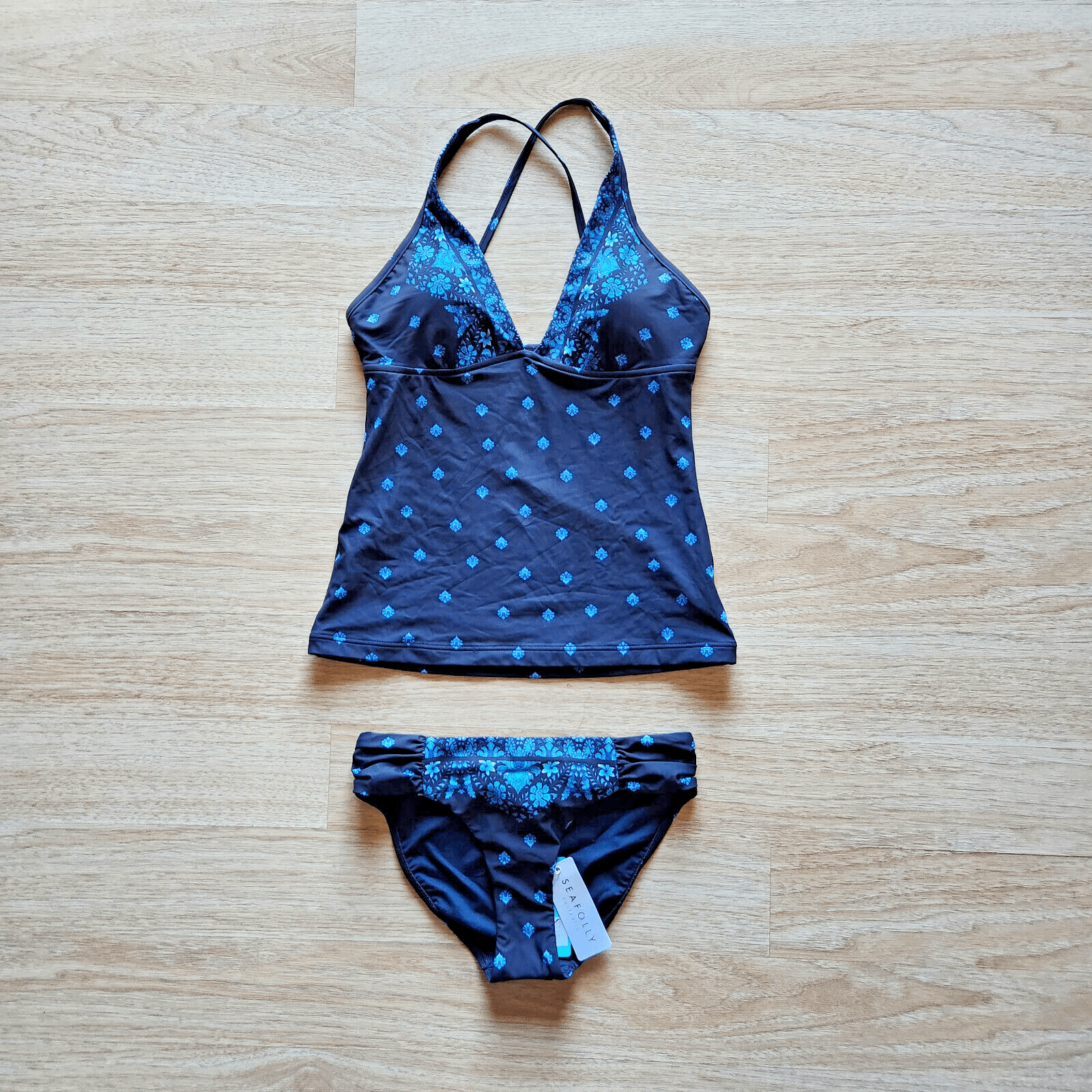 NWT Seafolly Australia Sunflower Border Retro 2 Piece Swimsuit Blue Top 8 Pant 6 - Thumbnail 2