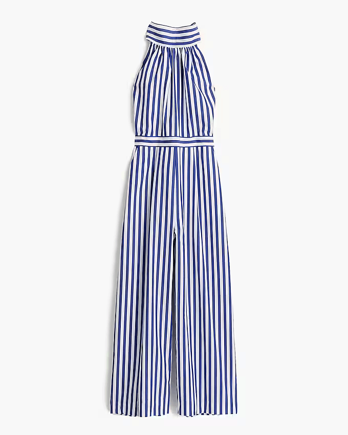 J.Crew Striped Tie-Halter Wide-Leg Jumpsuit Pocket Cotton Blue White Women's 8 - Thumbnail 2