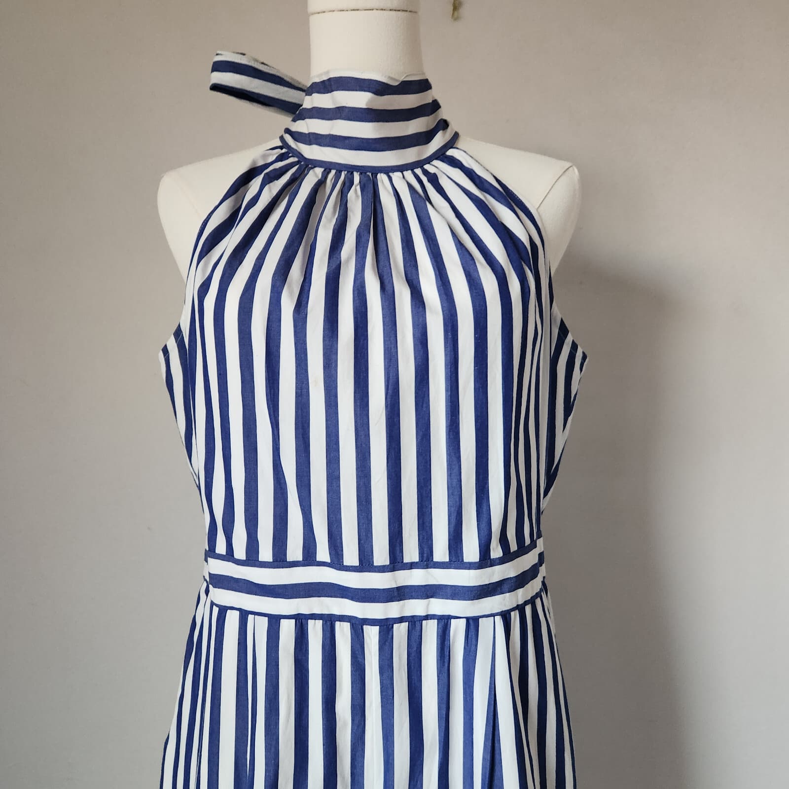 J.Crew Striped Tie-Halter Wide-Leg Jumpsuit Pocket Cotton Blue White Women's 8 - Thumbnail 3