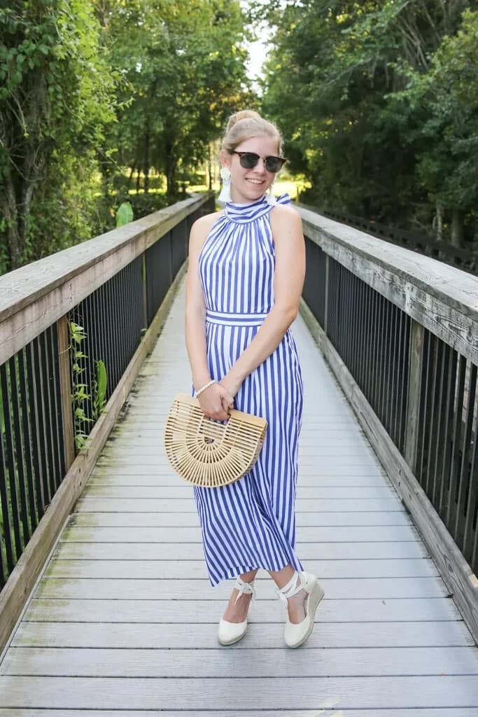 J.Crew Striped Tie-Halter Wide-Leg Jumpsuit Pocket Cotton Blue White Women's 8 - Thumbnail 14