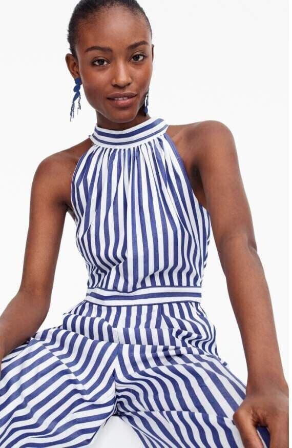 J.Crew Striped Tie-Halter Wide-Leg Jumpsuit Pocket Cotton Blue White Women's 8 - Thumbnail 7