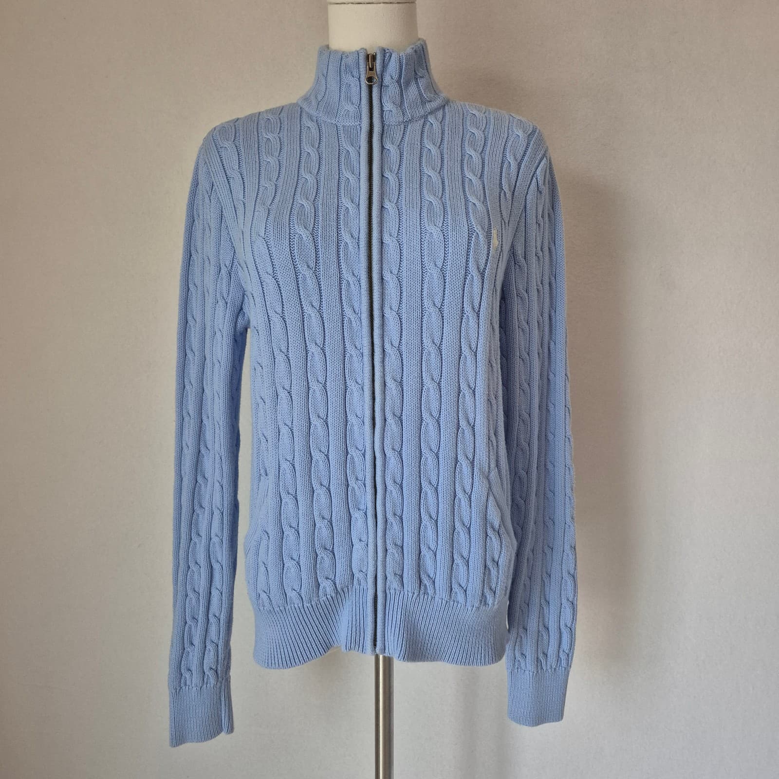 Vintage Y2K Ralph Lauren Sport Cotton Cable Knit Cardigan Pocket Blue Women's XL - Thumbnail 2