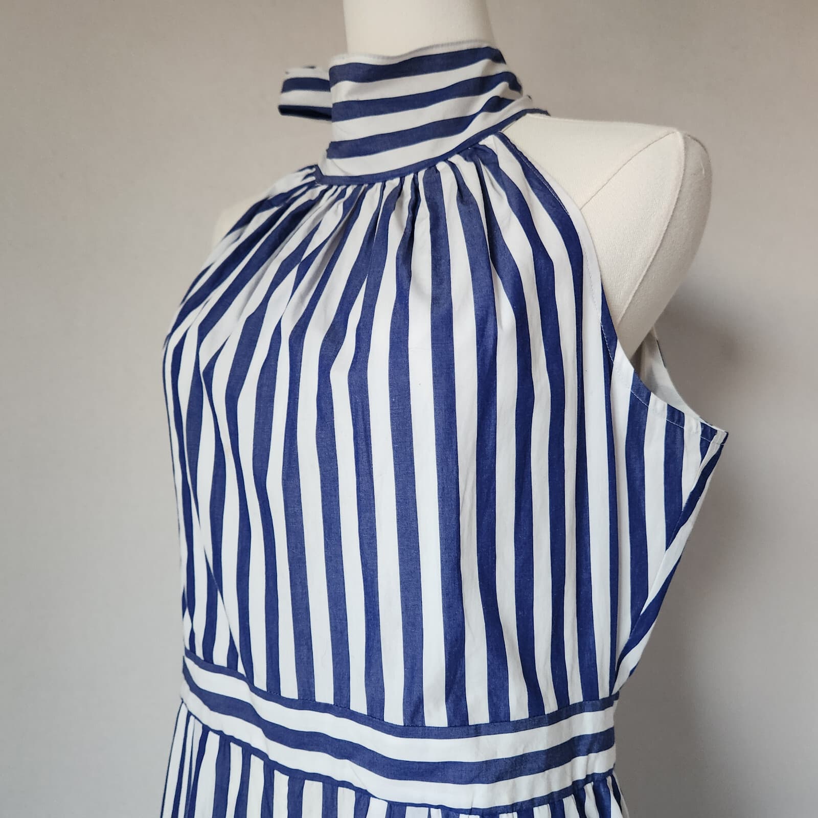 J.Crew Striped Tie-Halter Wide-Leg Jumpsuit Pocket Cotton Blue White Women's 8 - Thumbnail 6