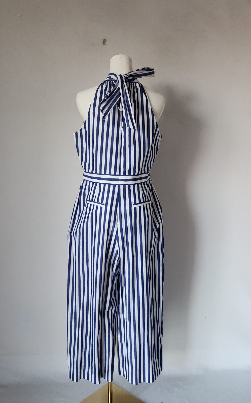 J.Crew Striped Tie-Halter Wide-Leg Jumpsuit Pocket Cotton Blue White Women's 8 - Thumbnail 8