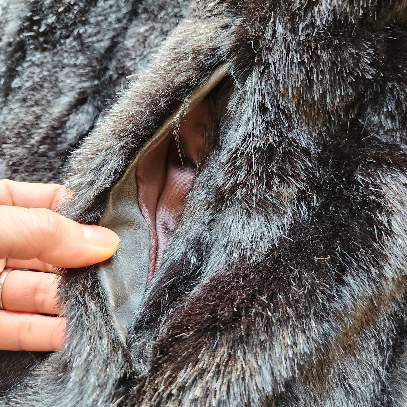 Vintage Jordache Faux Fur Mink Ripped-Knit Jacket Zip-Up Pocket Brown Women 9/10 - Thumbnail 7