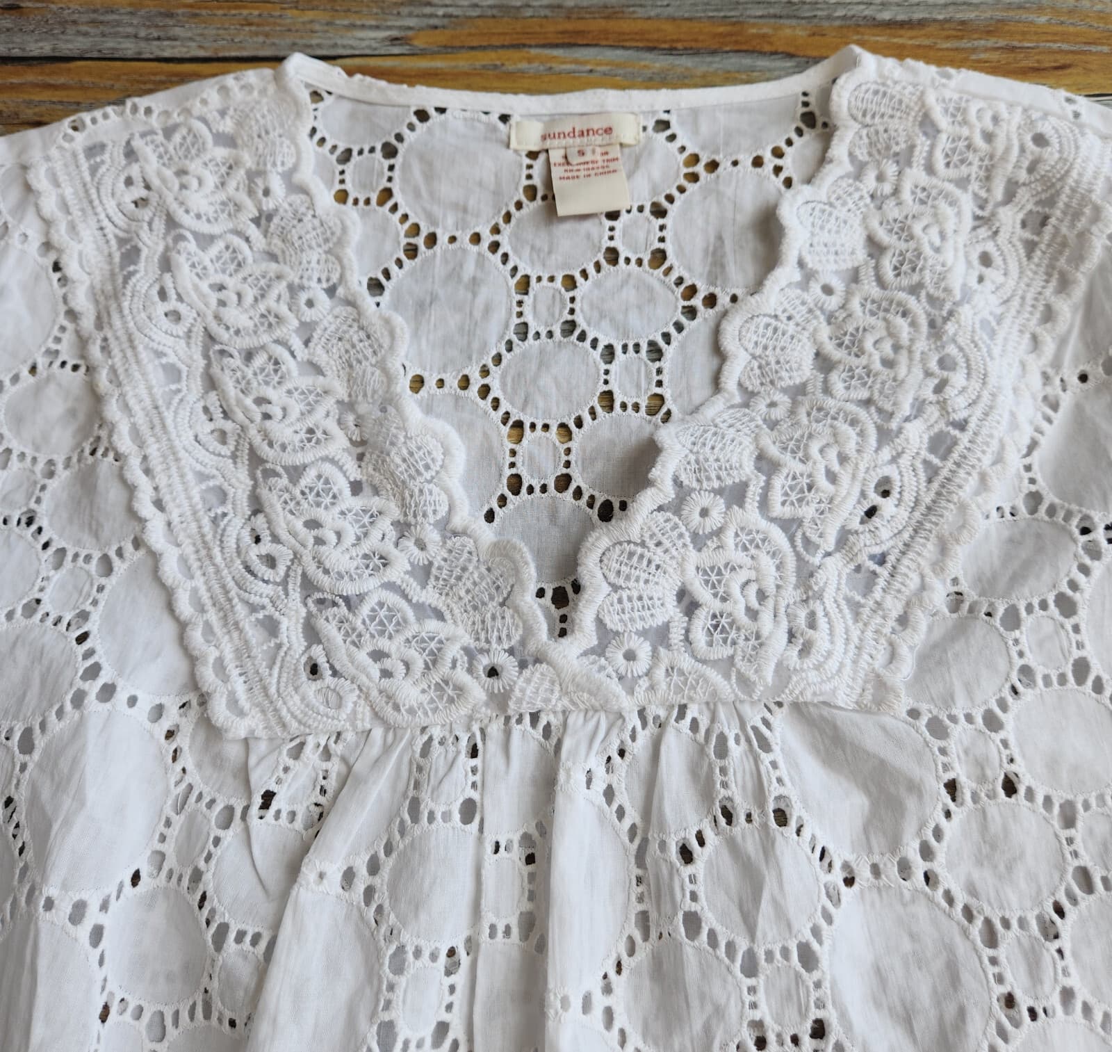 Sundance 100% Cotton Lace Eyelet Blouse Popover V-Neck Short Sleeve White Sz.S - Thumbnail 9