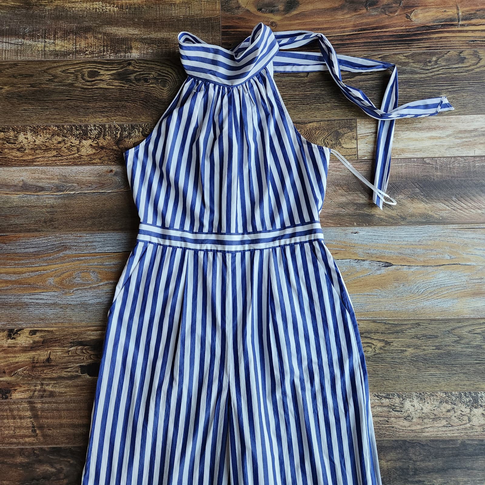 J.Crew Striped Tie-Halter Wide-Leg Jumpsuit Pocket Cotton Blue White Women's 8 - Thumbnail 12