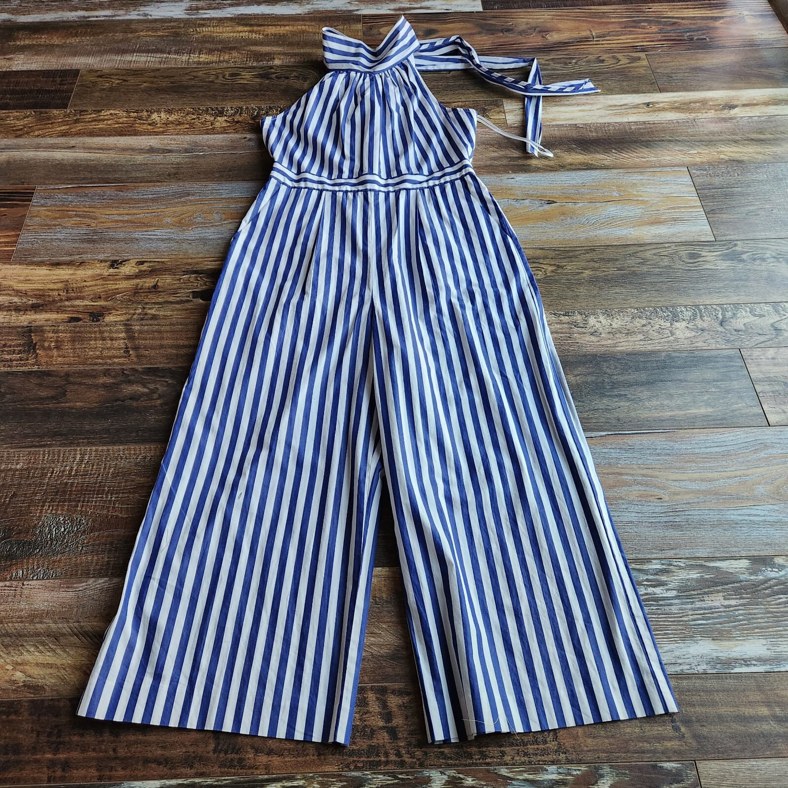 J.Crew Striped Tie-Halter Wide-Leg Jumpsuit Pocket Cotton Blue White Women's 8 - Thumbnail 11