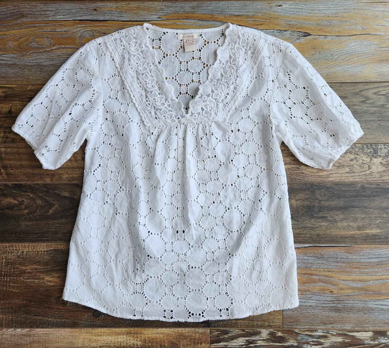 Sundance 100% Cotton Lace Eyelet Blouse Popover V-Neck Short Sleeve White Sz.S - Thumbnail 8