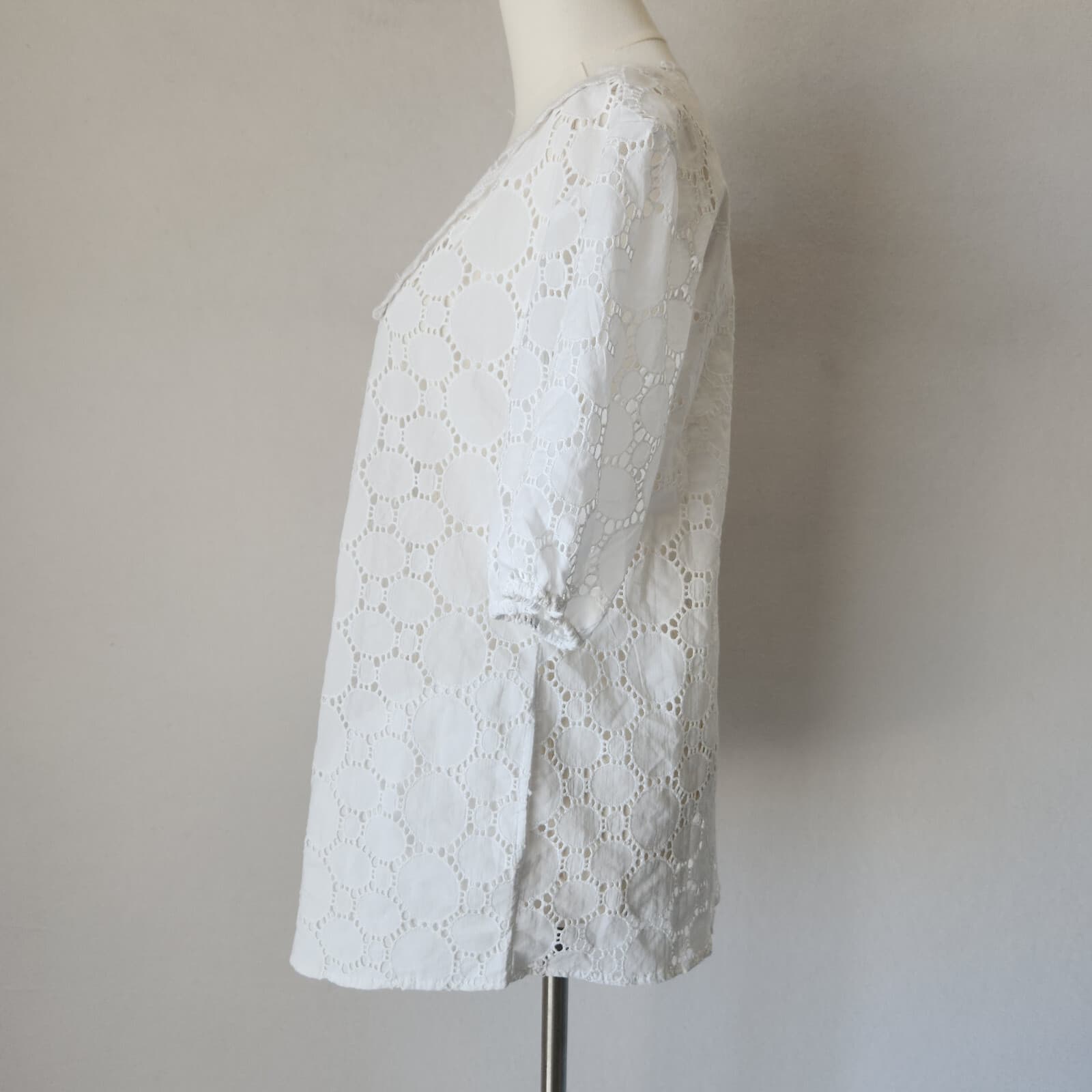 Sundance 100% Cotton Lace Eyelet Blouse Popover V-Neck Short Sleeve White Sz.S - Thumbnail 5