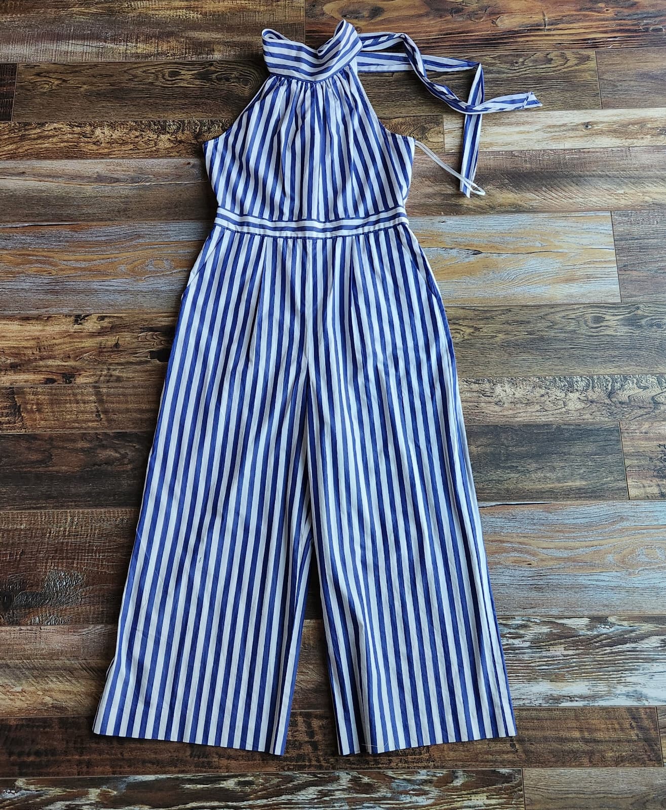 J.Crew Striped Tie-Halter Wide-Leg Jumpsuit Pocket Cotton Blue White Women's 8 - Thumbnail 10