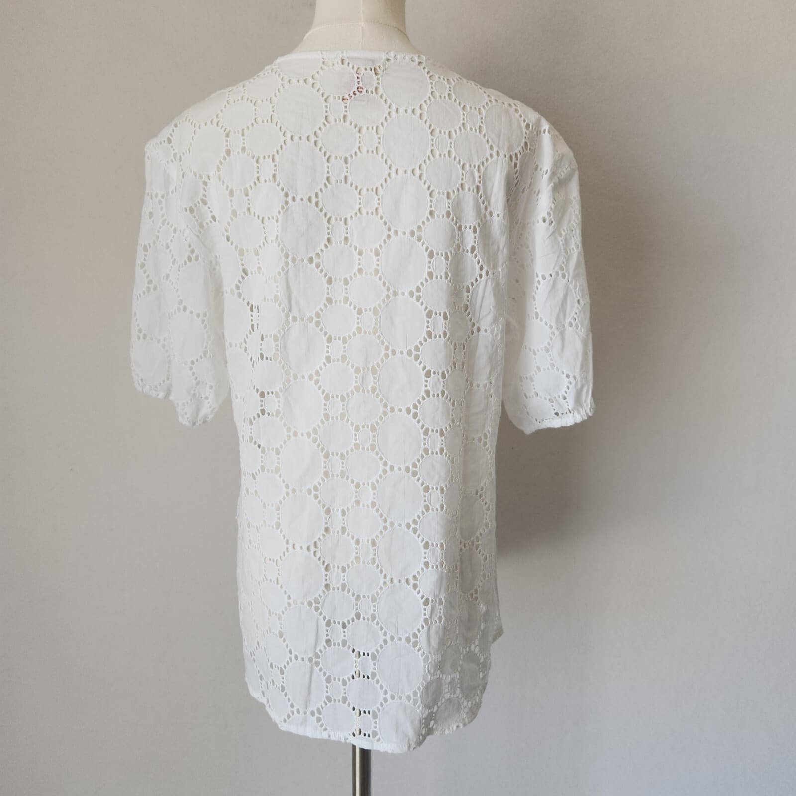 Sundance 100% Cotton Lace Eyelet Blouse Popover V-Neck Short Sleeve White Sz.S - Thumbnail 7