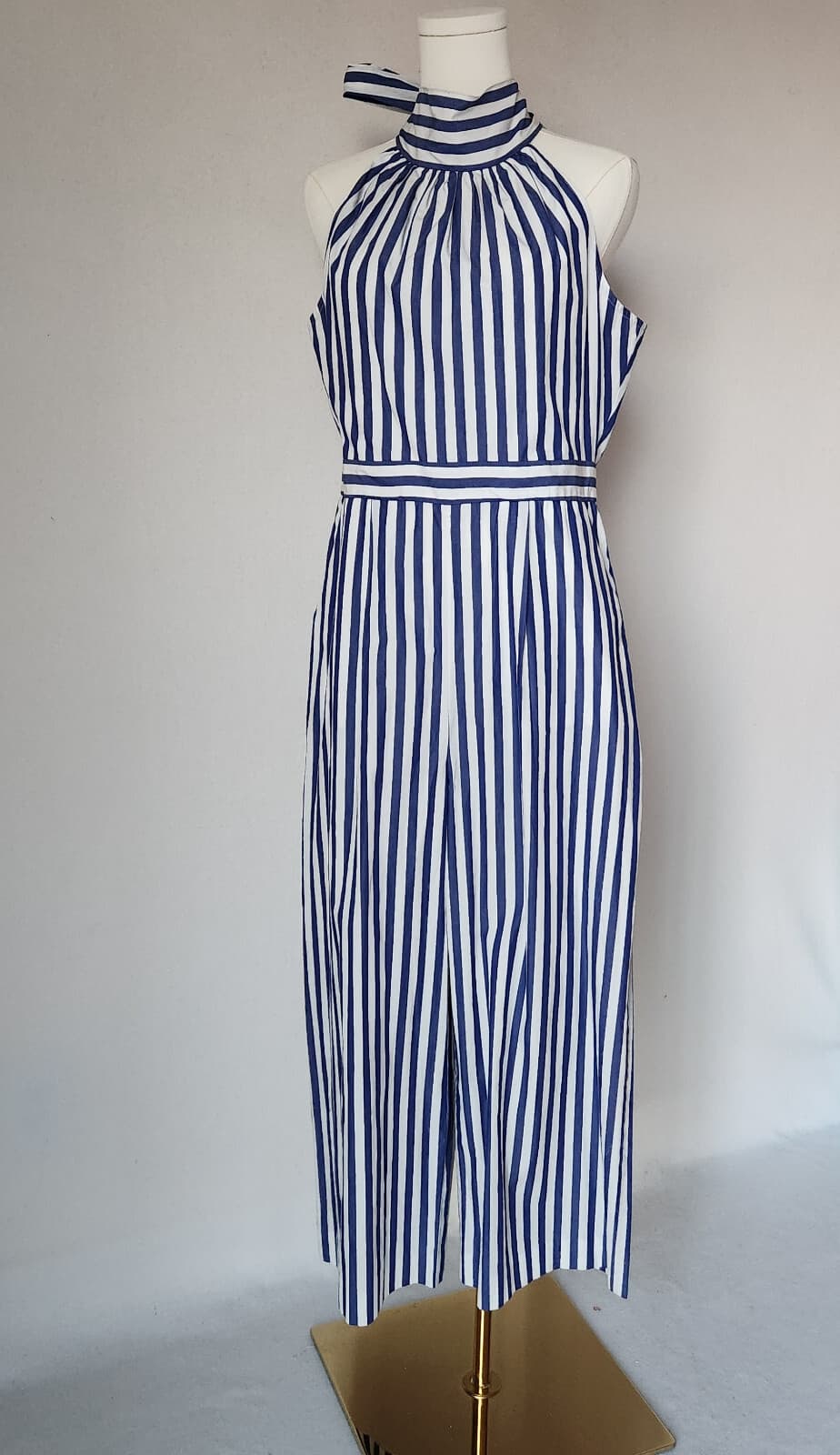 J.Crew Striped Tie-Halter Wide-Leg Jumpsuit Pocket Cotton Blue White Women's 8 - Thumbnail 4