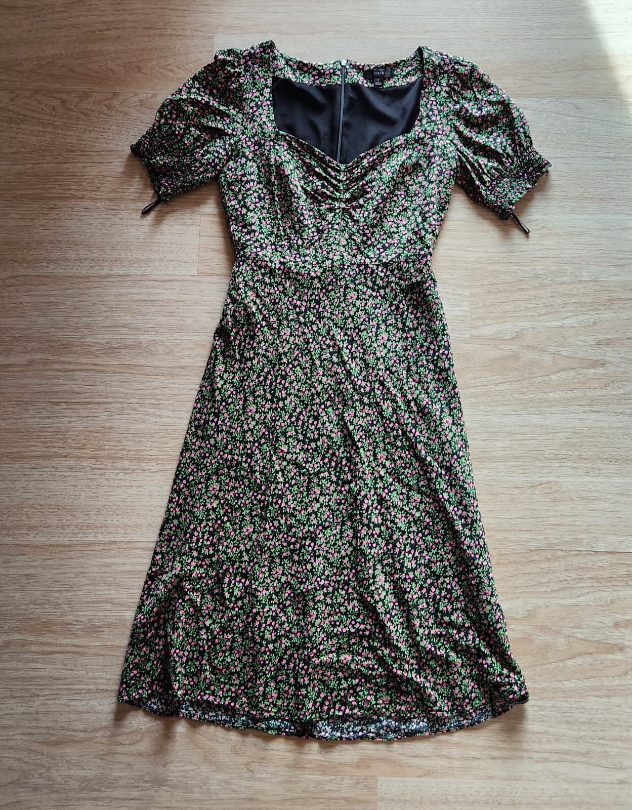 J.Crew Floral Smocked Sleeve Midi Sheath Dress Zip Lined Green Pink Women's 0 - Thumbnail 8