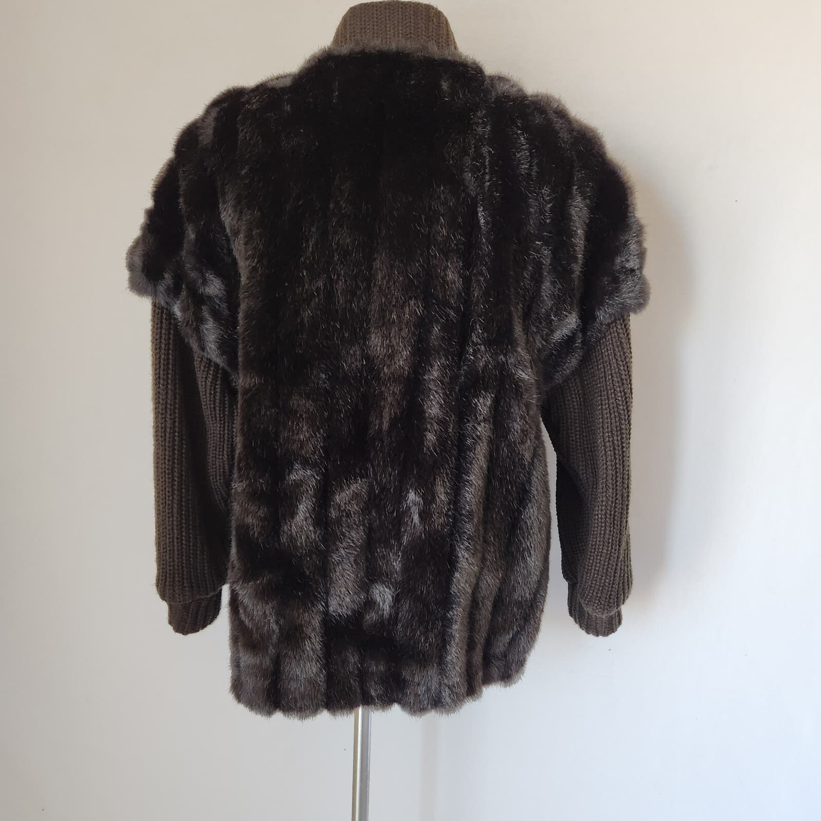 Vintage Jordache Faux Fur Mink Ripped-Knit Jacket Zip-Up Pocket Brown Women 9/10 - Thumbnail 6