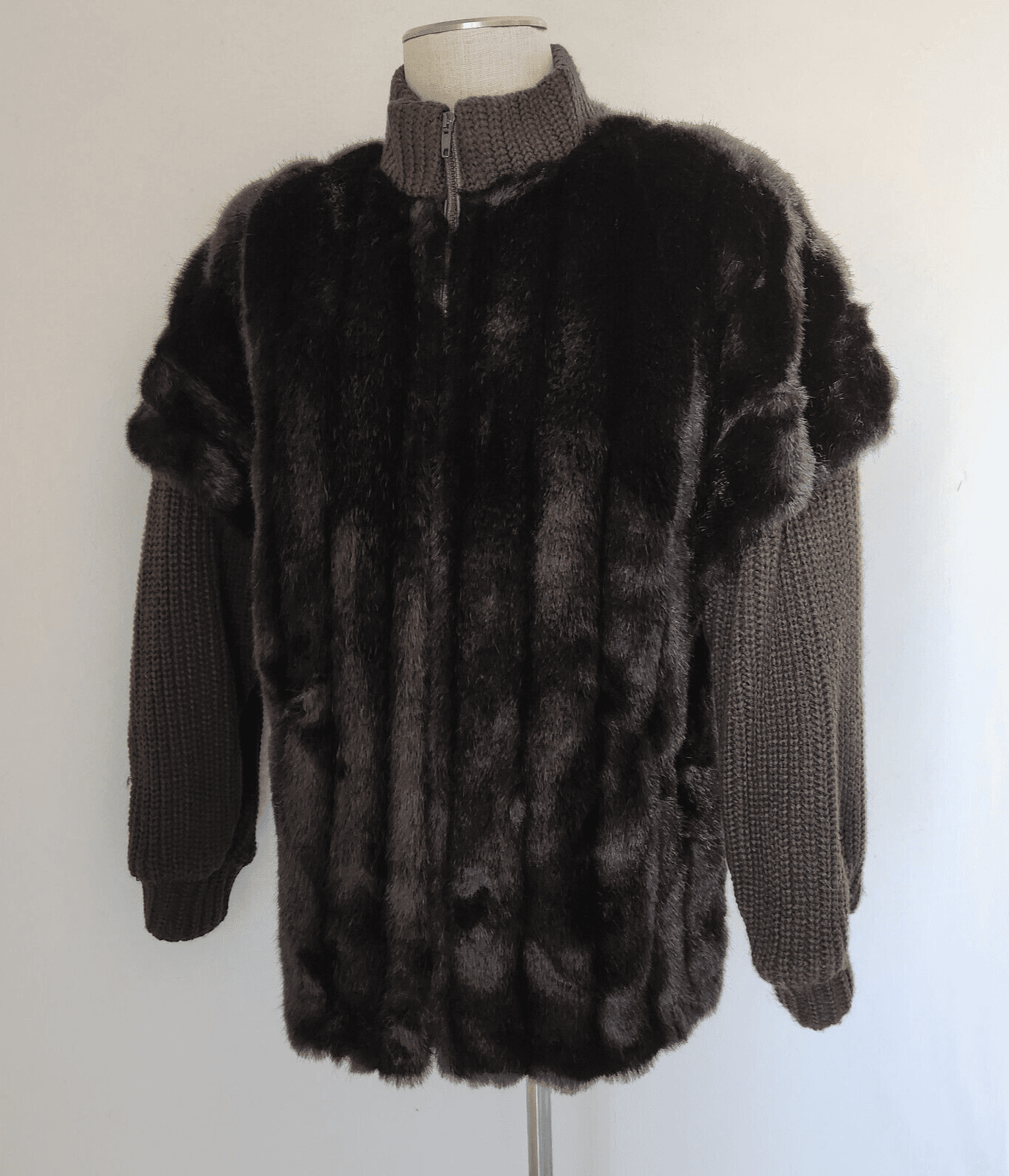 Vintage Jordache Faux Fur Mink Ripped-Knit Jacket Zip-Up Pocket Brown Women 9/10 - Thumbnail 3