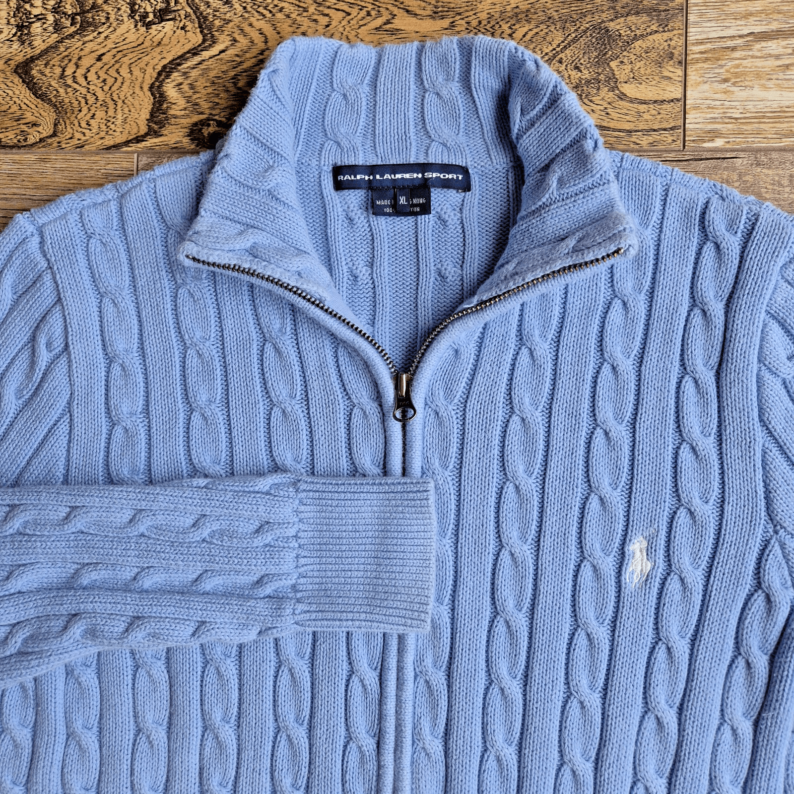 Vintage Y2K Ralph Lauren Sport Cotton Cable Knit Cardigan Pocket Blue Women's XL - Thumbnail 3