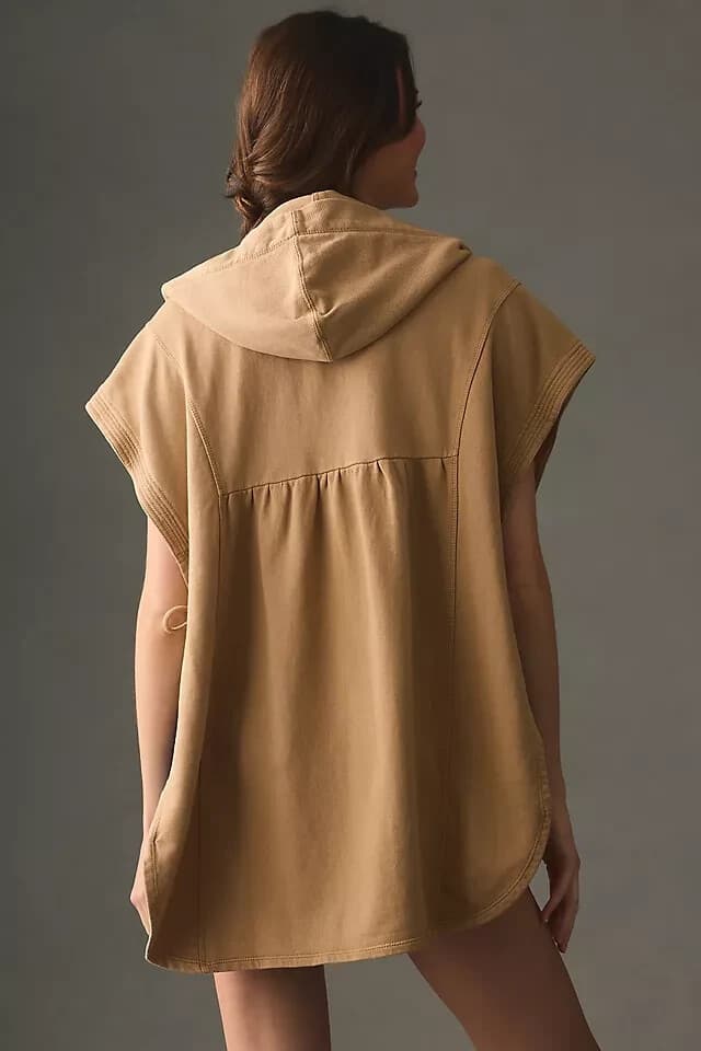 NEW Pilcro Anthropologie Side-Tie Short-Sleeve Button Poncho Terry Brown XXS/XS - Thumbnail 11