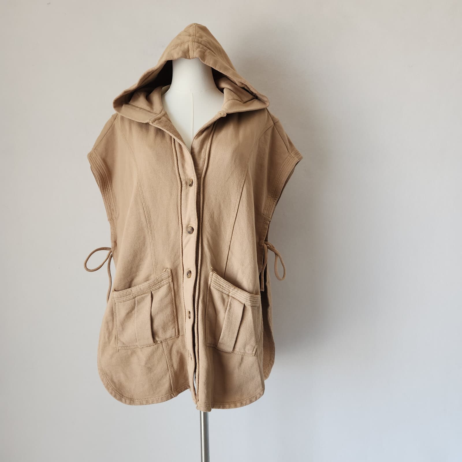 NEW Pilcro Anthropologie Side-Tie Short-Sleeve Button Poncho Terry Brown XXS/XS - Thumbnail 3