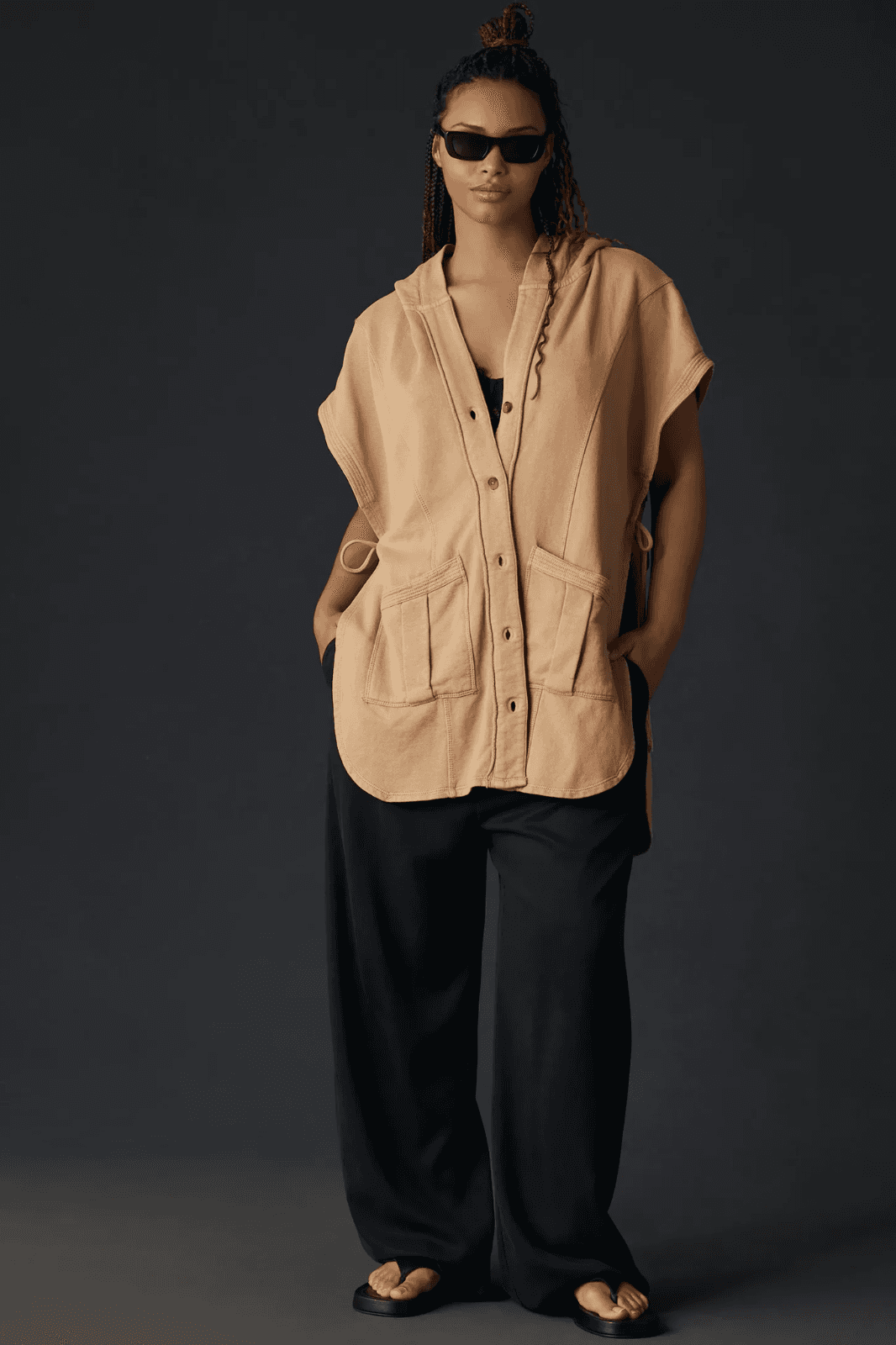 NEW Pilcro Anthropologie Side-Tie Short-Sleeve Button Poncho Terry Brown XXS/XS - Thumbnail 6