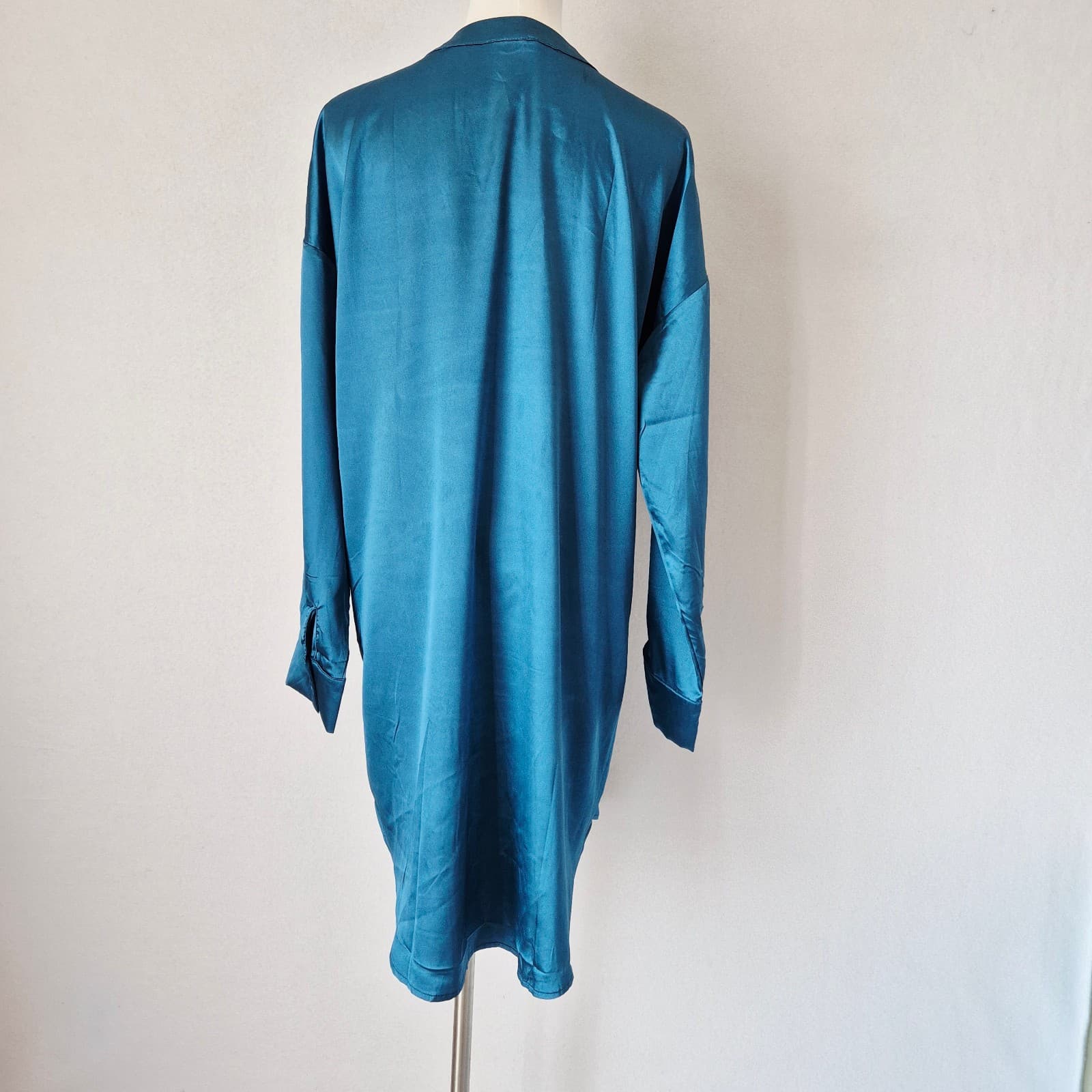 NWT EKOUAER Satin Night Sleepshirt Button-Down Pocket Long Sleeve Blue Women's L - Thumbnail 4