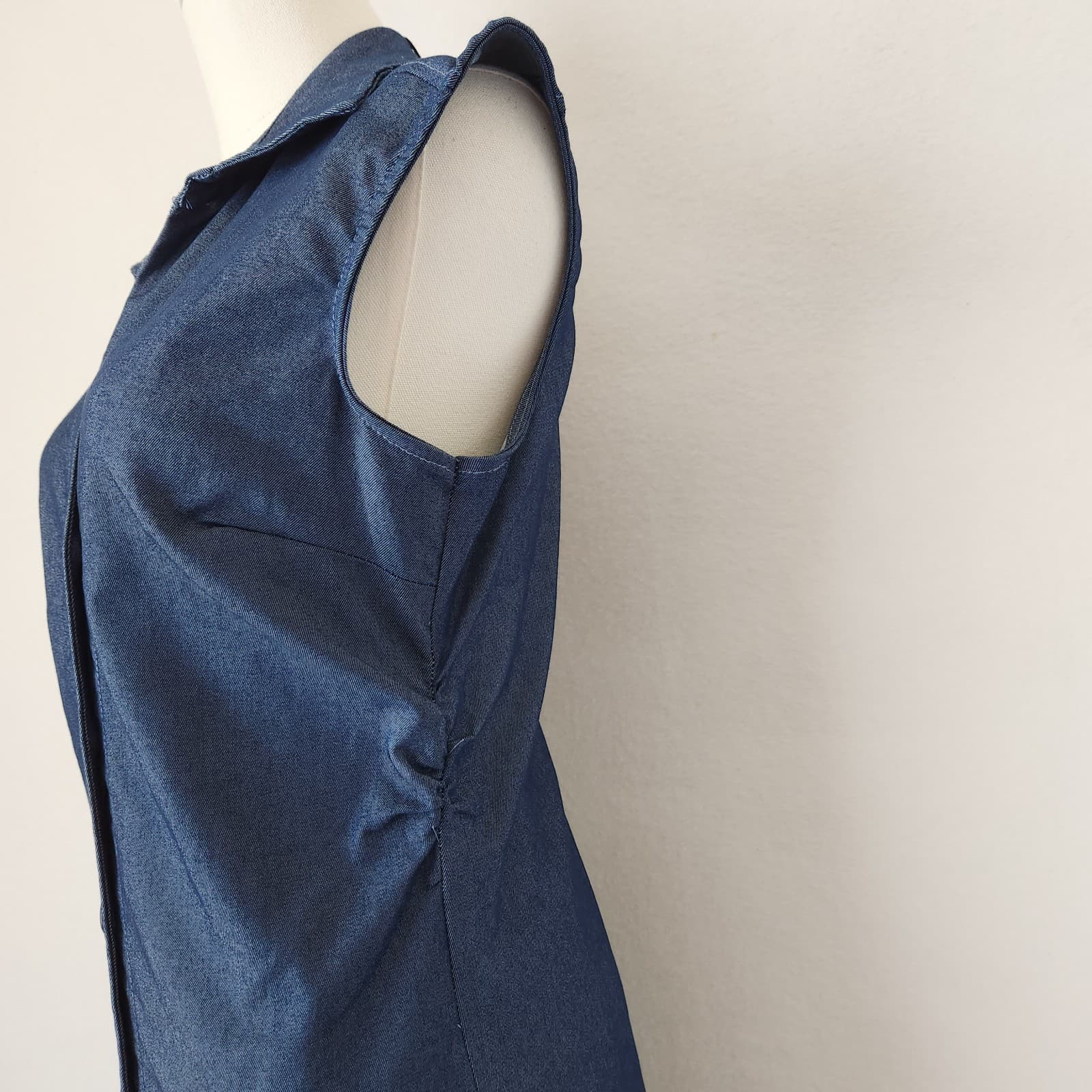 NWT La Piccola Creative Made in Italy Blue Denim Maxi Dress Ruch Sleeveless Sz.M - Thumbnail 3