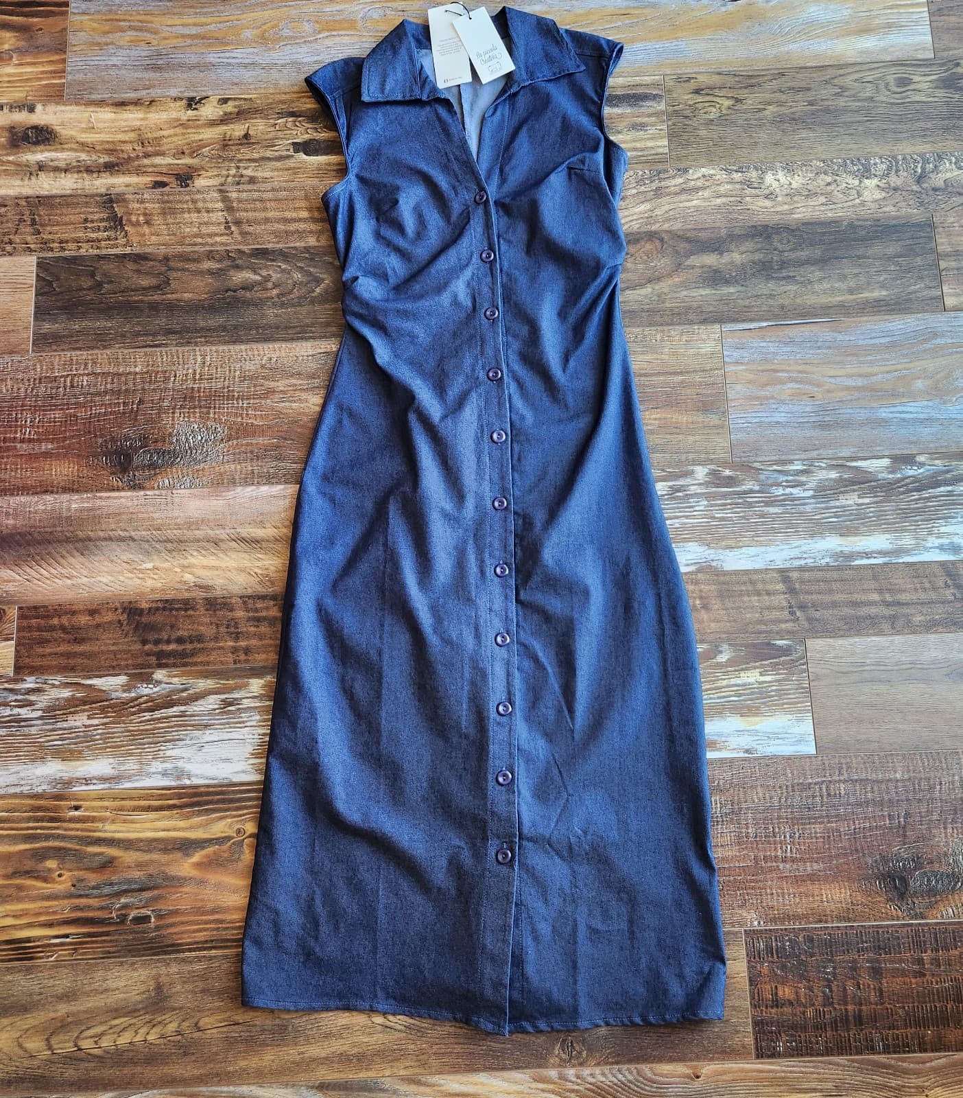 NWT La Piccola Creative Made in Italy Blue Denim Maxi Dress Ruch Sleeveless Sz.M - Thumbnail 5