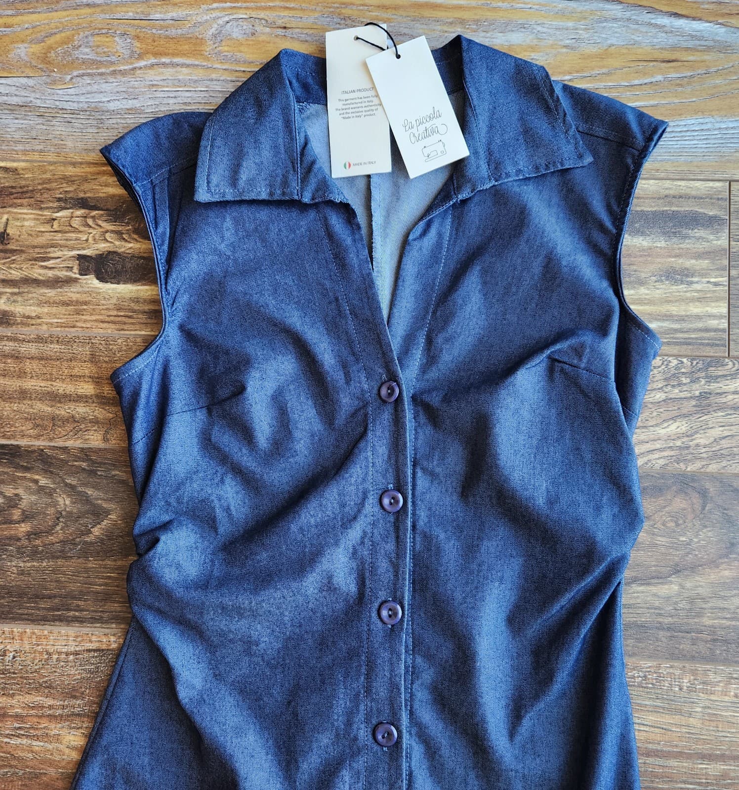 NWT La Piccola Creative Made in Italy Blue Denim Maxi Dress Ruch Sleeveless Sz.M - Thumbnail 6