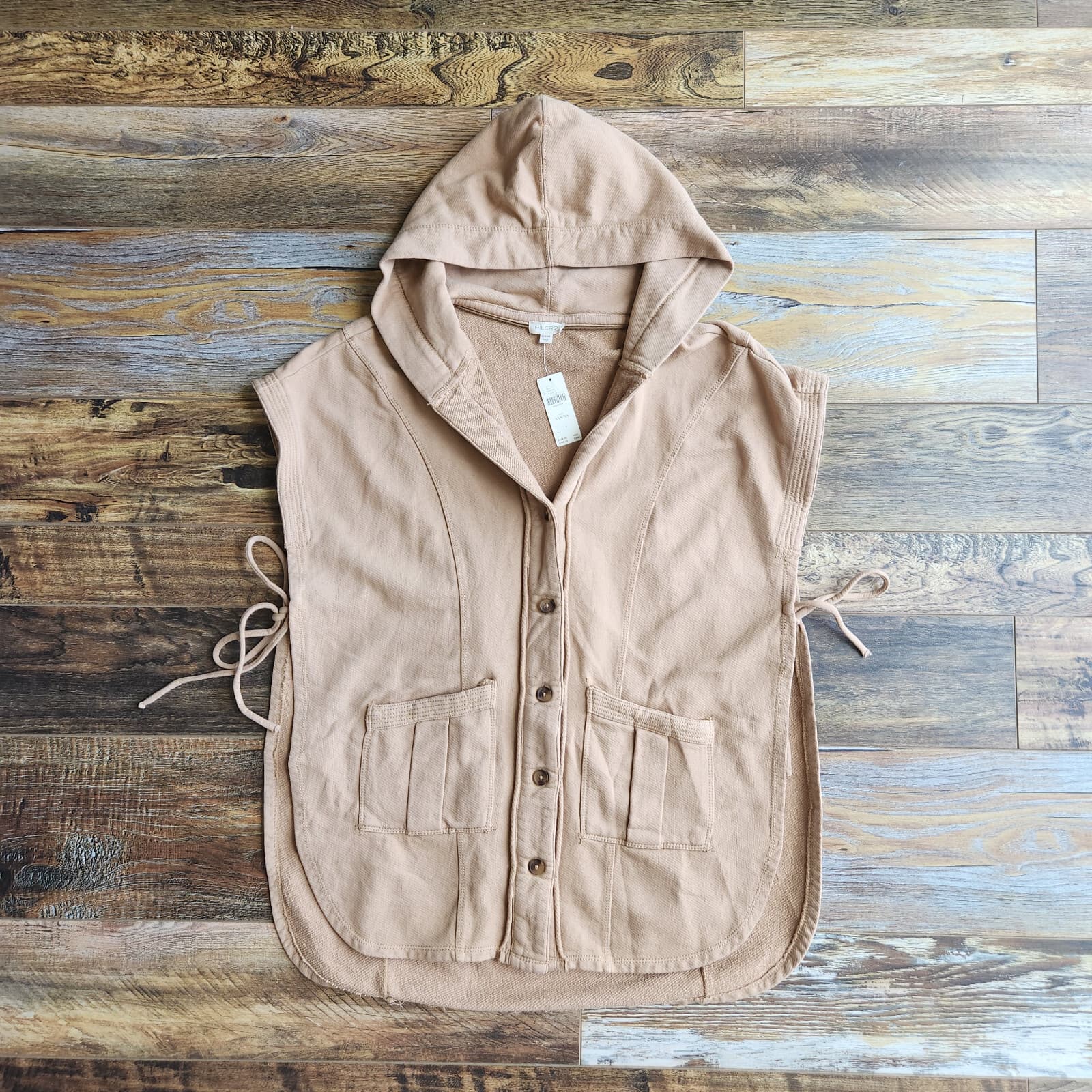 NEW Pilcro Anthropologie Side-Tie Short-Sleeve Button Poncho Terry Brown XXS/XS - Thumbnail 5
