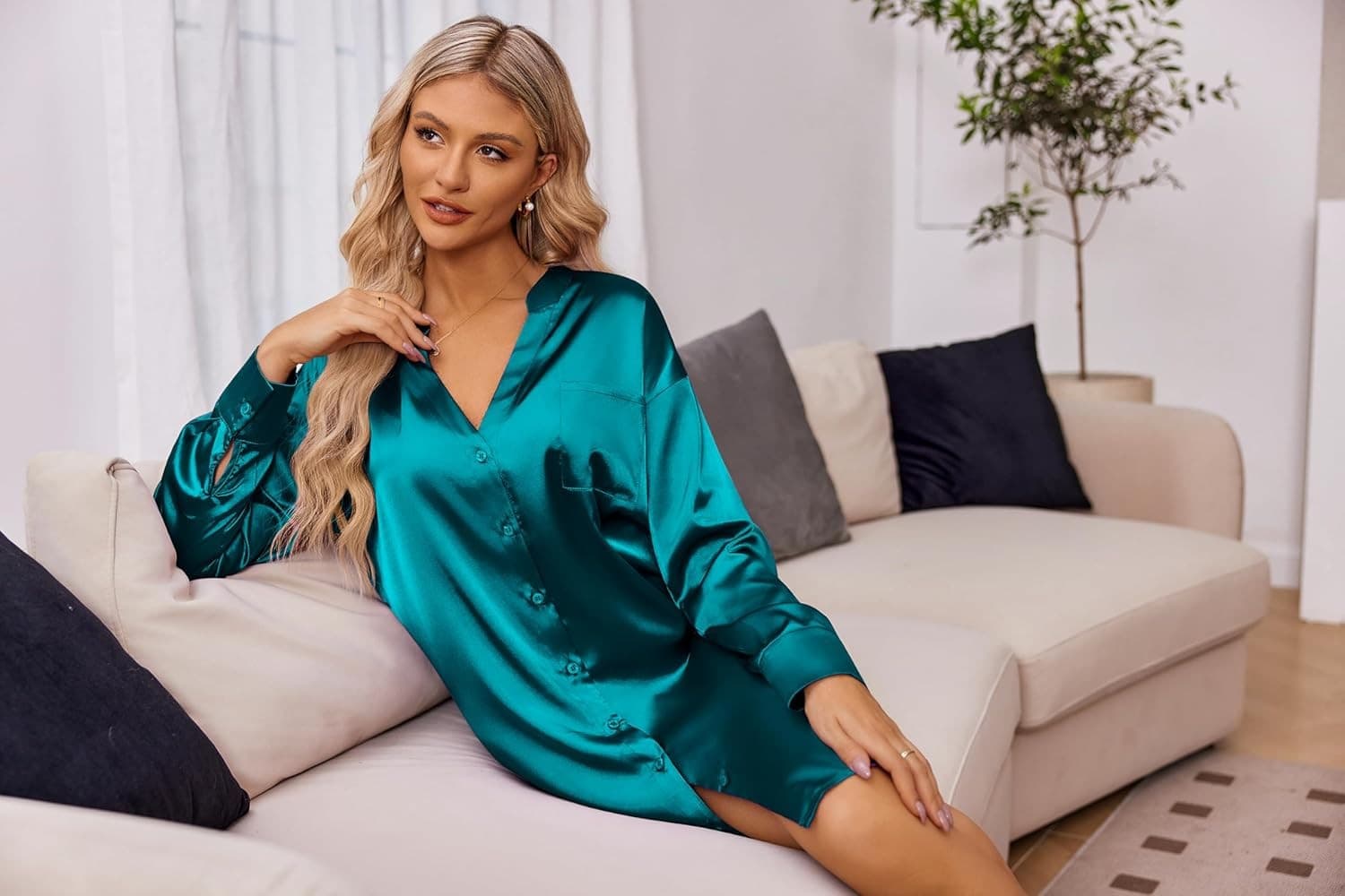 NWT EKOUAER Satin Night Sleepshirt Button-Down Pocket Long Sleeve Blue Women's L - Thumbnail 6