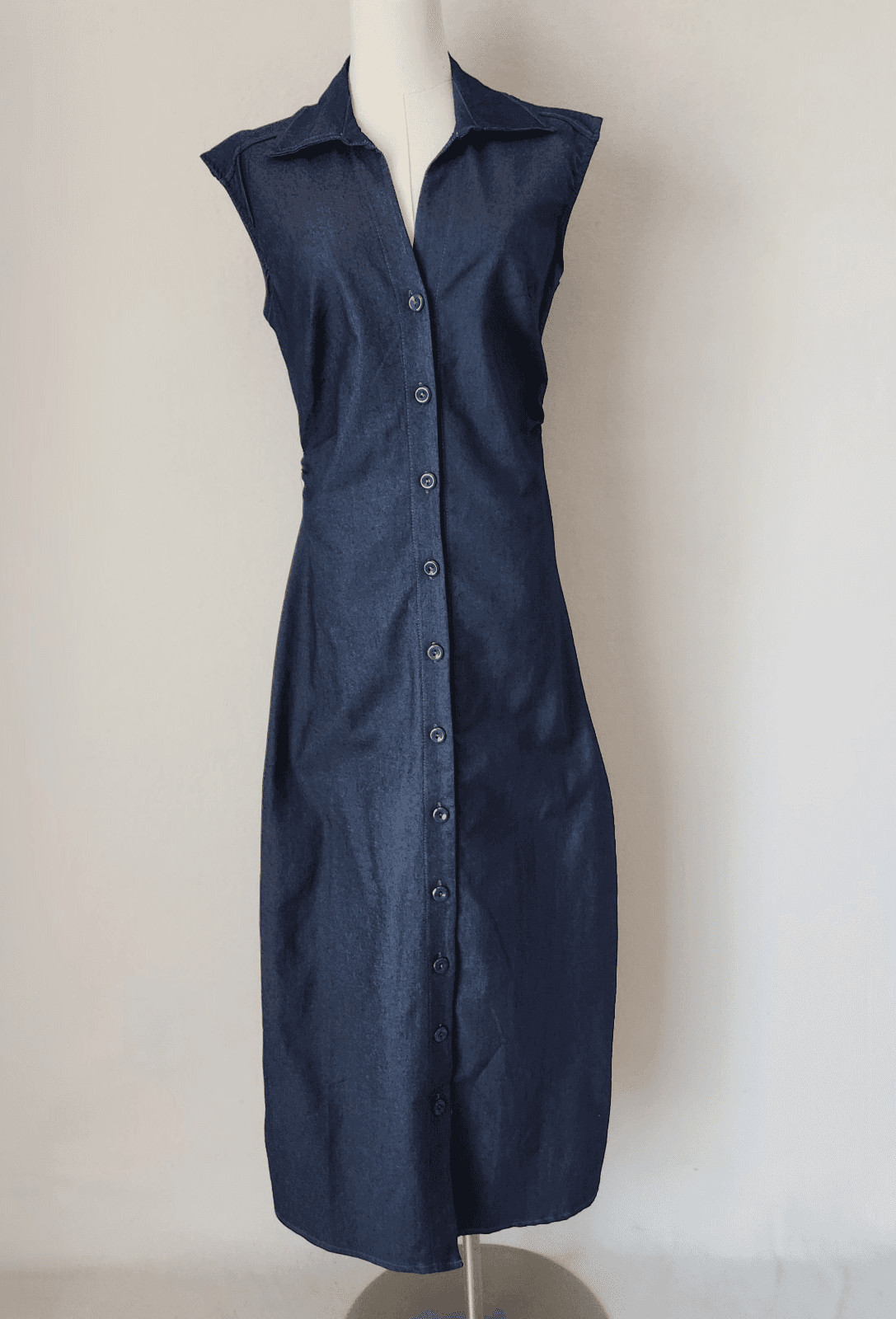 NWT La Piccola Creative Made in Italy Blue Denim Maxi Dress Ruch Sleeveless Sz.M - Thumbnail 2