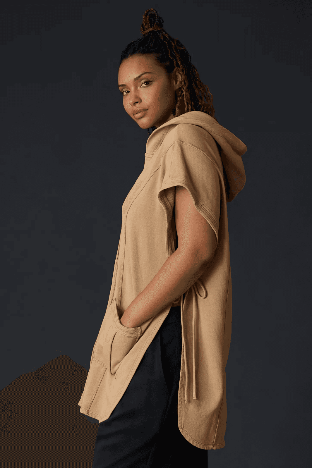 NEW Pilcro Anthropologie Side-Tie Short-Sleeve Button Poncho Terry Brown XXS/XS - Thumbnail 8