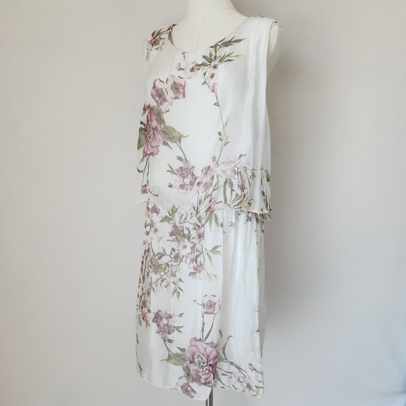 NWT Tempo Paris XL Floral Silk Blend Chiffon Layered Mini Dress Sleeveless White - Thumbnail 2