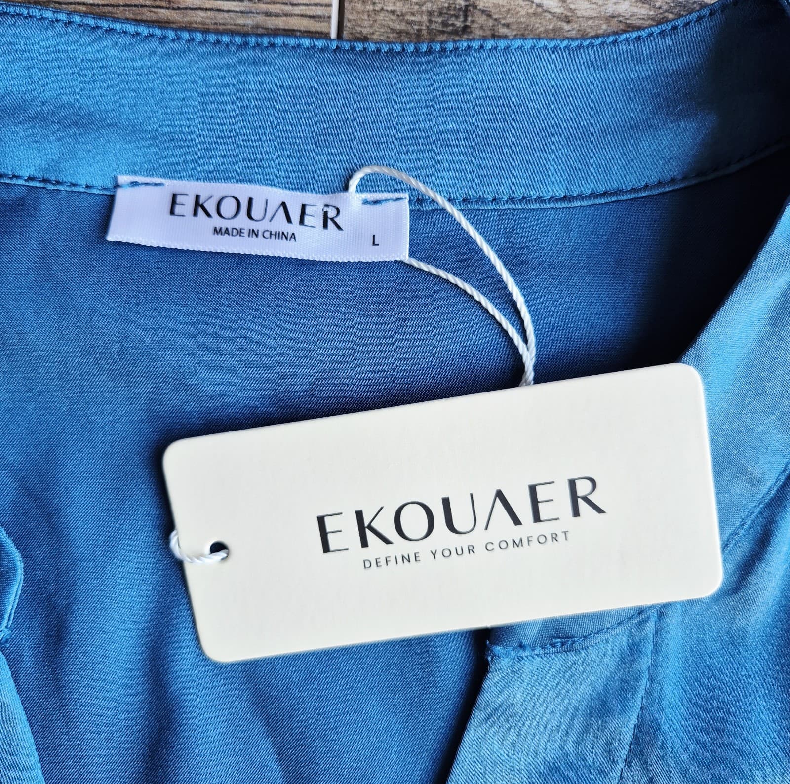 NWT EKOUAER Satin Night Sleepshirt Button-Down Pocket Long Sleeve Blue Women's L - Thumbnail 7