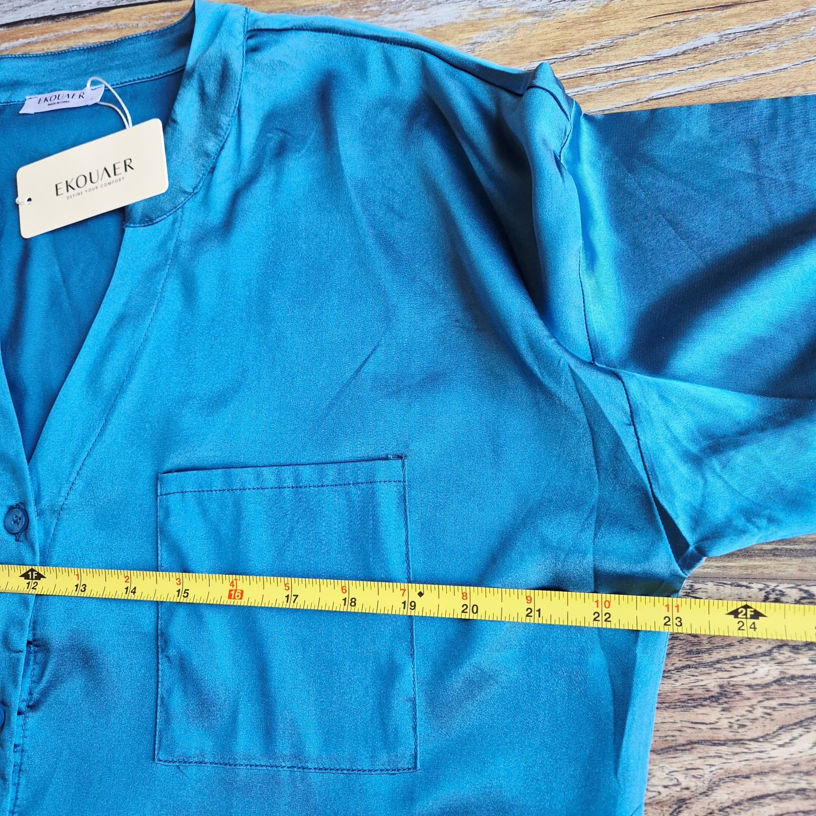 NWT EKOUAER Satin Night Sleepshirt Button-Down Pocket Long Sleeve Blue Women's L - Thumbnail 10