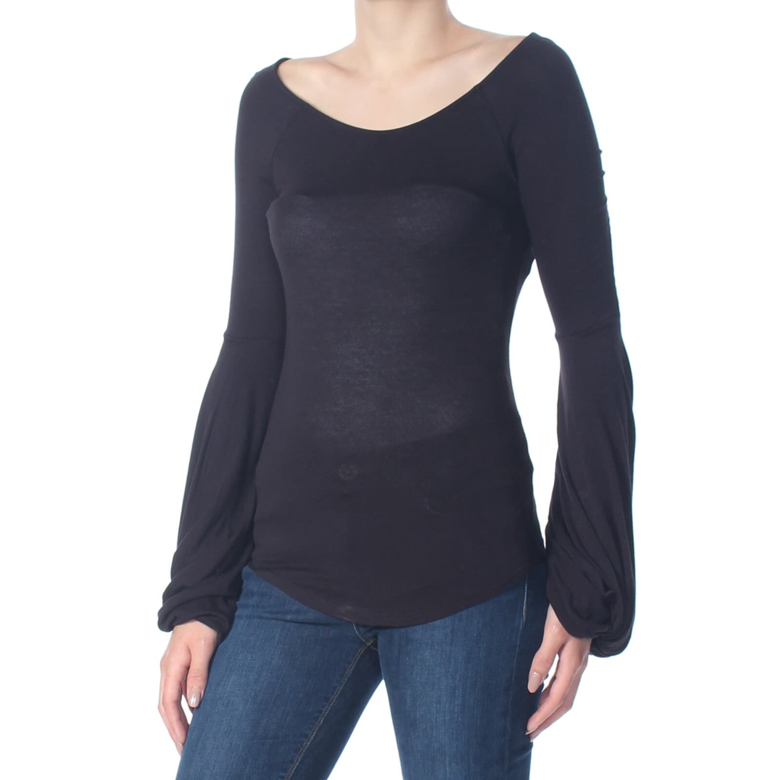 FREE PEOPLE To The Tropics Twist Long Sleeve Top Scoop Neck Stretch Black Sz.M - Thumbnail 6