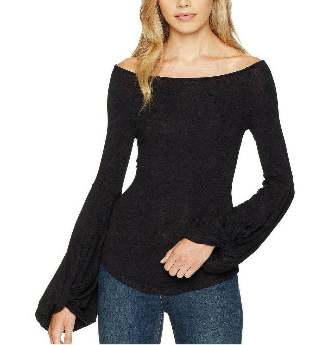 FREE PEOPLE To The Tropics Twist Long Sleeve Top Scoop Neck Stretch Black Sz.M - Thumbnail 5