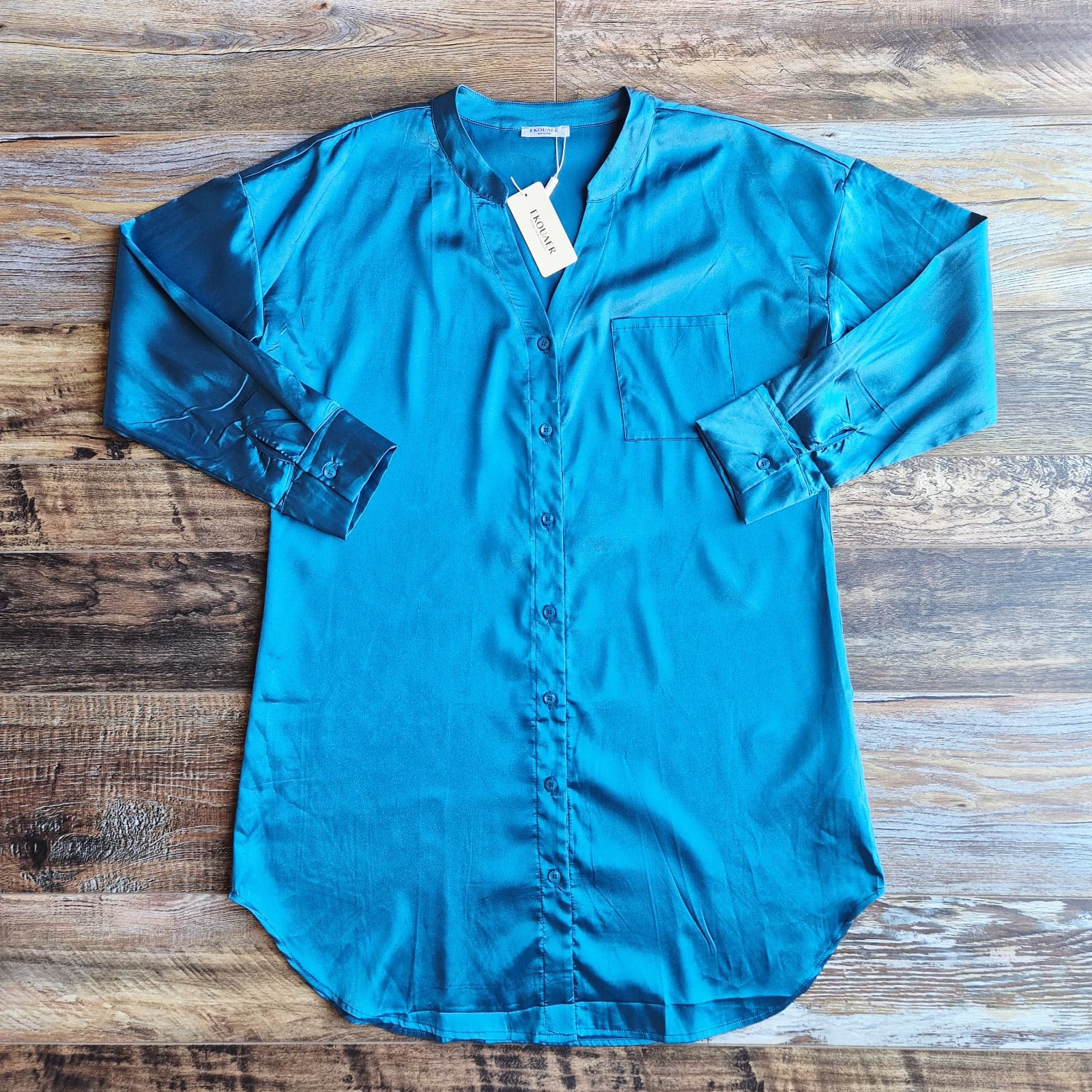 NWT EKOUAER Satin Night Sleepshirt Button-Down Pocket Long Sleeve Blue Women's L - Thumbnail 2