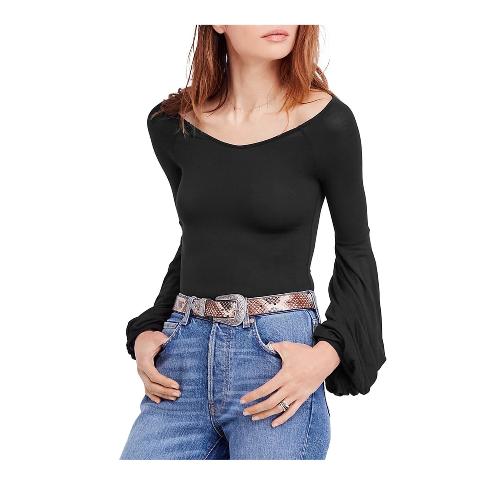 FREE PEOPLE To The Tropics Twist Long Sleeve Top Scoop Neck Stretch Black Sz.M - Thumbnail 3