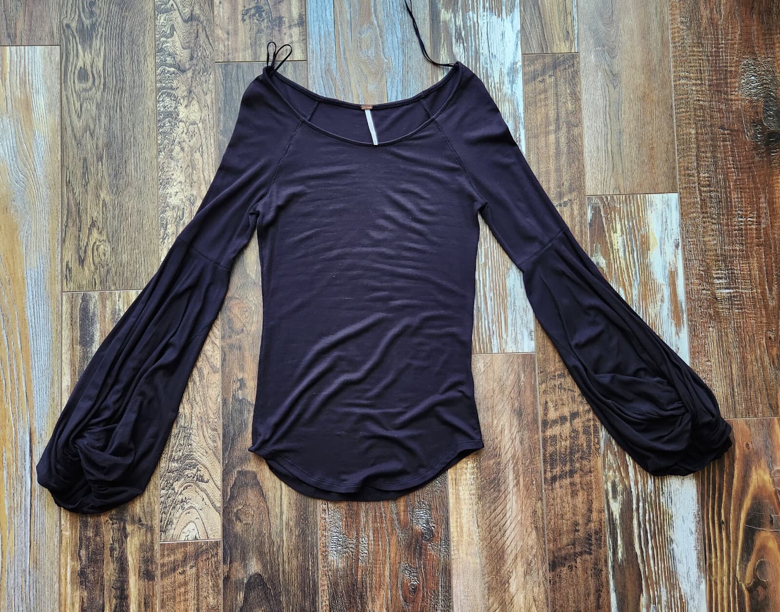 FREE PEOPLE To The Tropics Twist Long Sleeve Top Scoop Neck Stretch Black Sz.M - Thumbnail 7