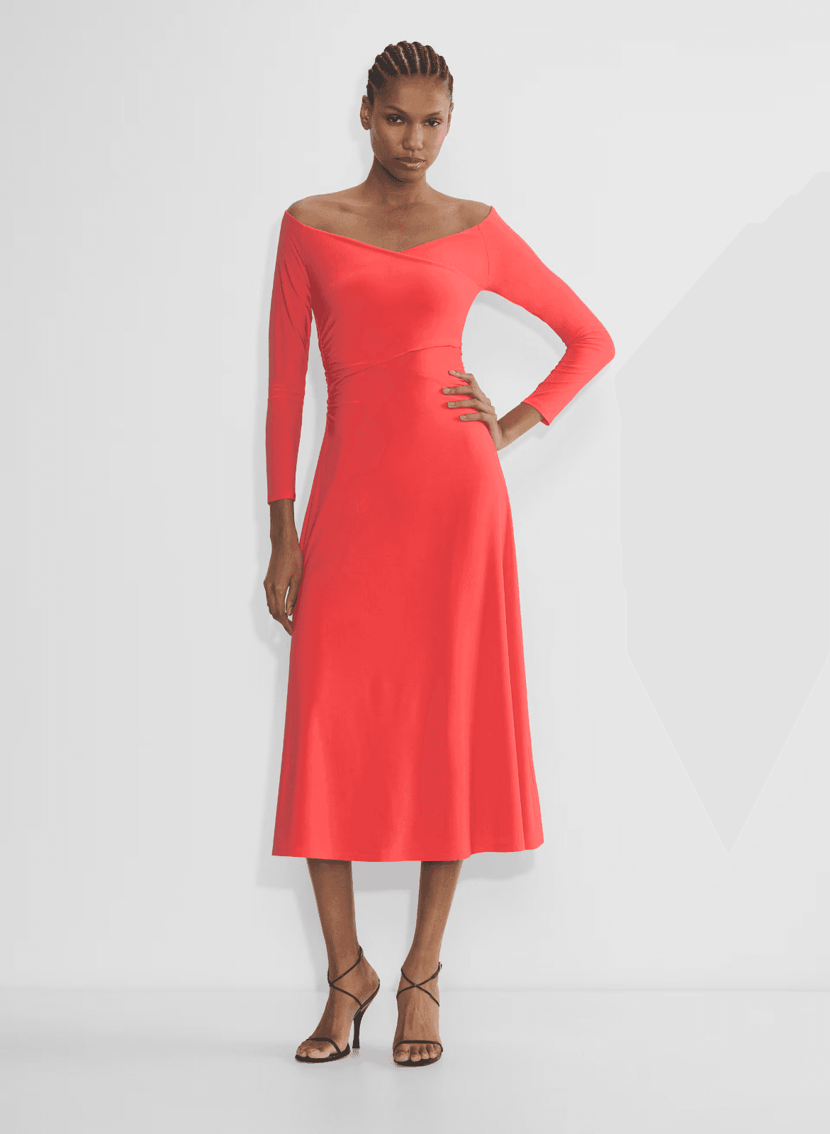 NWoT Babaton Aritzia Title Drapey Jersey Off-Shoulder Dress Long Sleeve Red XS - Thumbnail 2