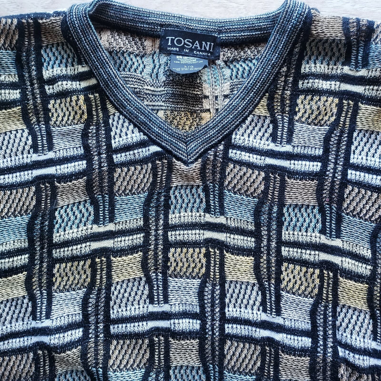 TOSANI Made in Canada Sweater V-Neck Coogi Style Cosby Multicolor Cotton Men L - Thumbnail 2