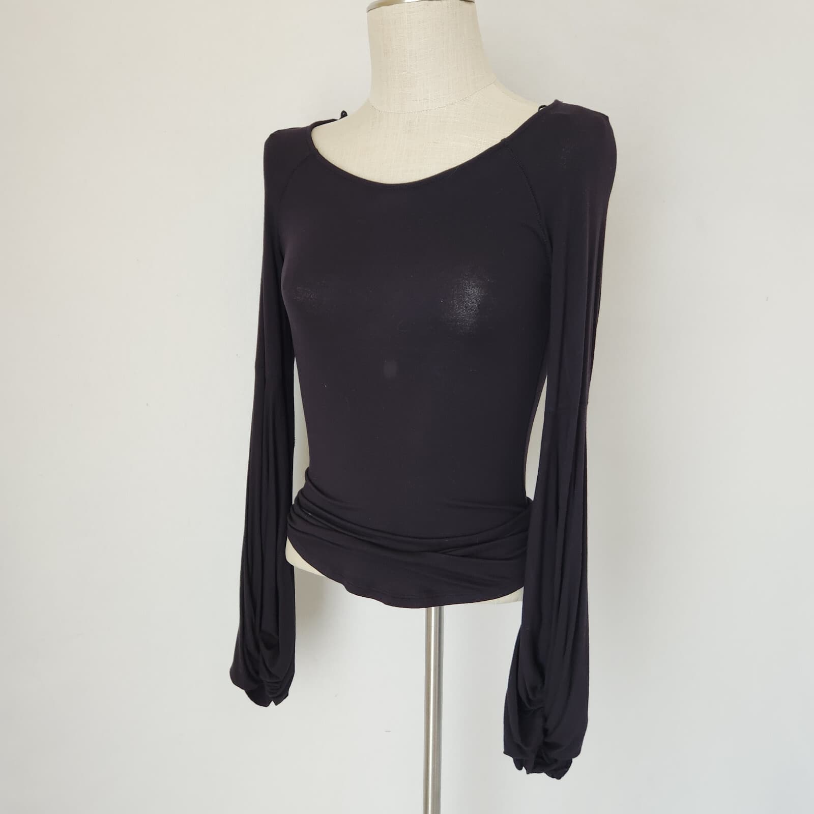 FREE PEOPLE To The Tropics Twist Long Sleeve Top Scoop Neck Stretch Black Sz.M - Thumbnail 4