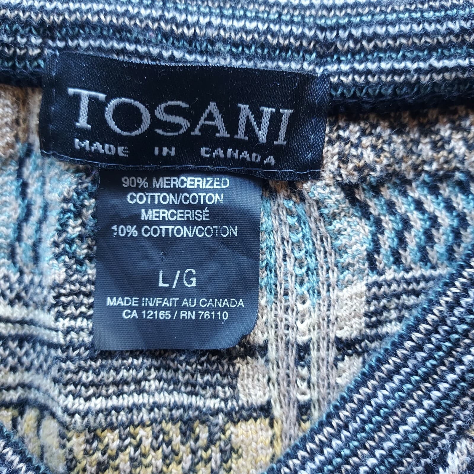 TOSANI Made in Canada Sweater V-Neck Coogi Style Cosby Multicolor Cotton Men L - Thumbnail 5