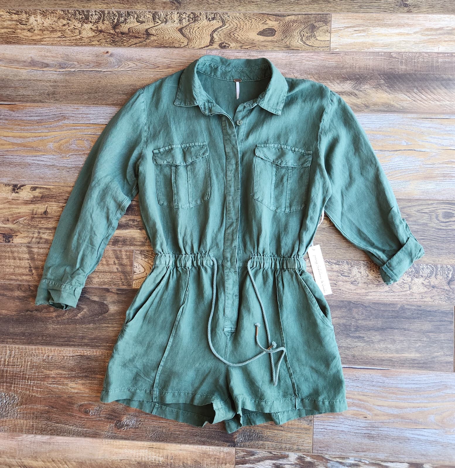NWT YFB Young Fabulous & Broke Lake Side Romper Long Sleeve Linen Blend Green S - Thumbnail 3